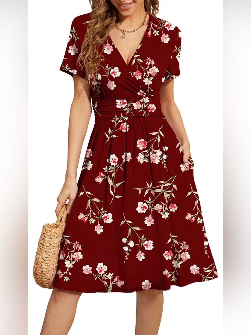 Women’s Floral Wrap Midi Dress in Burgundy